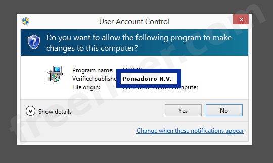 Screenshot where Pomadorro N.V. appears as the verified publisher in the UAC dialog
